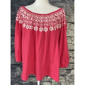 Tommy Hilfiger Shirt Womens XL Red White Embroidered Peasant Blouse Boho Top